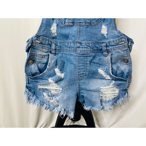 Rue21 Women's Denim Overall Cut Off Shorts Blue Distressed Size 2 - Picture 4 of 9